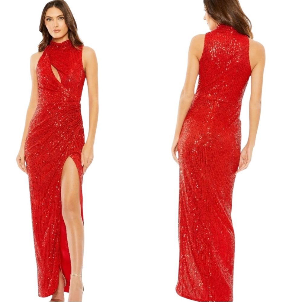 Mac Duggal Red Sequin Maxi Gown with High Neck and Thigh Slit